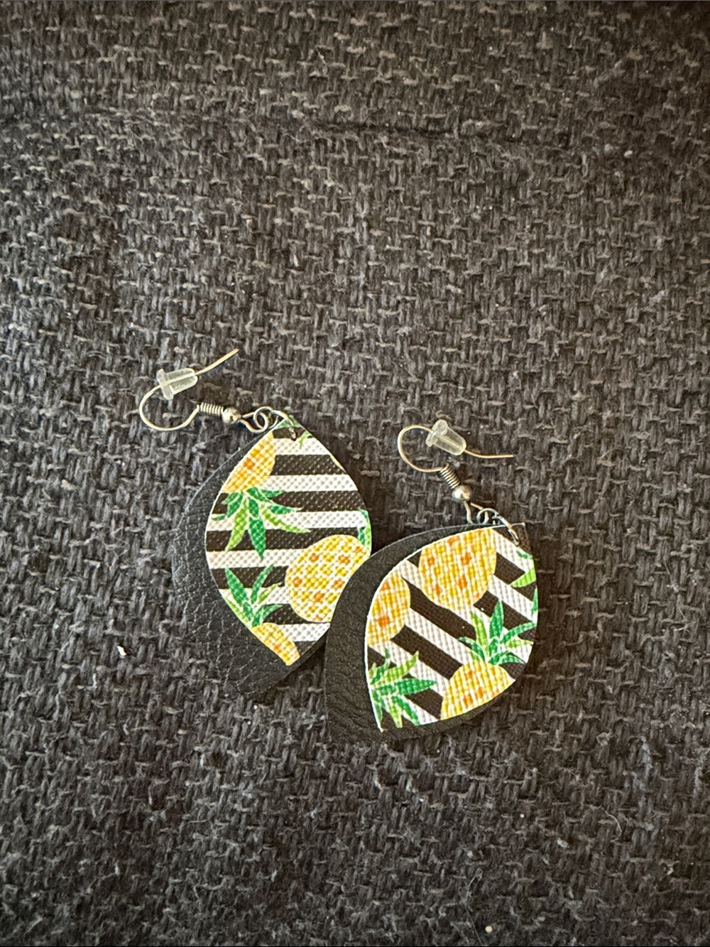 Striped Pineapple Leaf Drop Earrings - Black, Yellow & Green